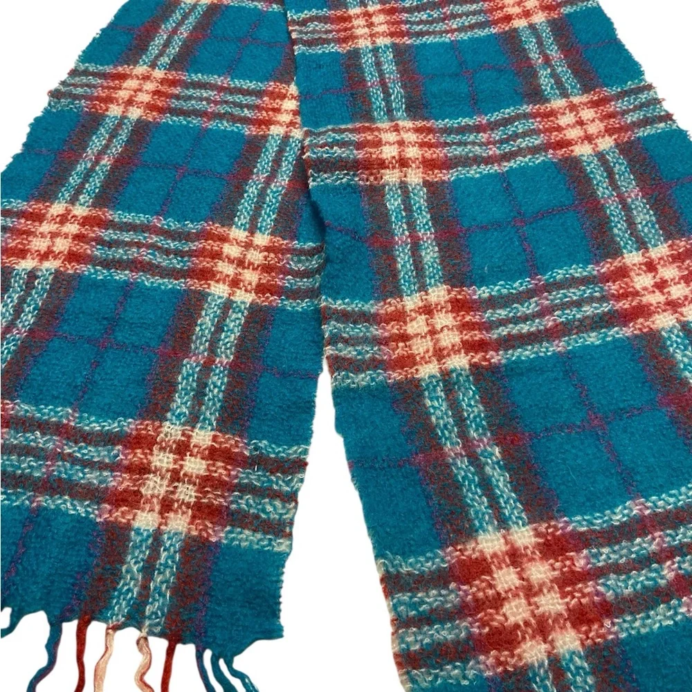 James Pringle Weavers Scarf Womens Jewel Check Plaid Wool Blend Fringe Preppy